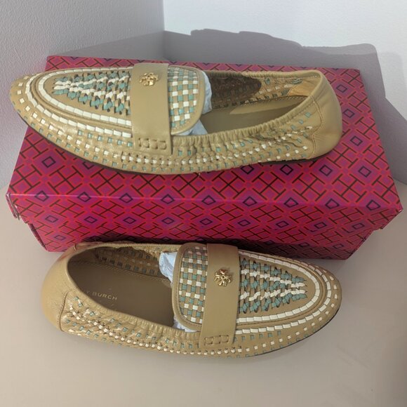 Tory Burch $348 Woven Ballet Loafer Flats Tan Blue SUPER COMFY! - Picture 14 of 16